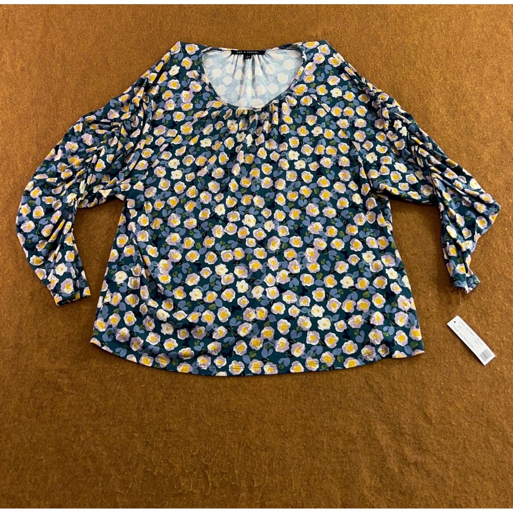 Zac & Rachel Womens Large Deep Teal Lavender Floral Long Sleeve Blouse Top NWT